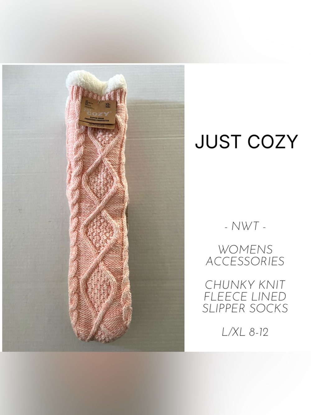 JUST COZY - L/XL 8-12 - NWT - WOMENS PINK / WHITE CHUNKY KNIT SLIPPER SOCKS